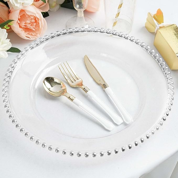 13" Charger Plates - Set of 12 - Silver Round Acrylic Disposable Chargers with Beaded Rim, Ideal for Dinner Party Wedding Bulk Events
