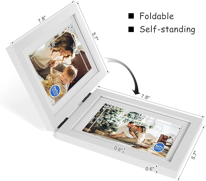 5X7 Double Wooden Hinged Picture Frame Vertical and Horizontal in White, Display 4x6 with Mat or 5x7 without Mat, Folding Photo Frame with Real Glass Front for Tabletop P-BAI-SH57