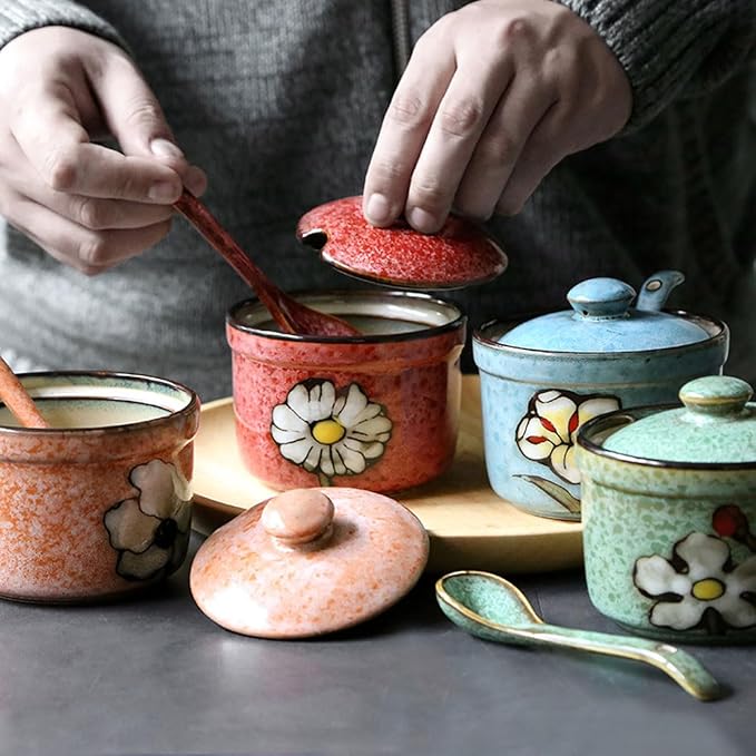 Handmade Ceramic Sugar Bowl with Lid and Spoon, 9oz Porcelain Condiment Jar with Hand-Painted Floral Design, Colorful Seasoning Container for Sugar, Salt, Spices Kitchen (Red)