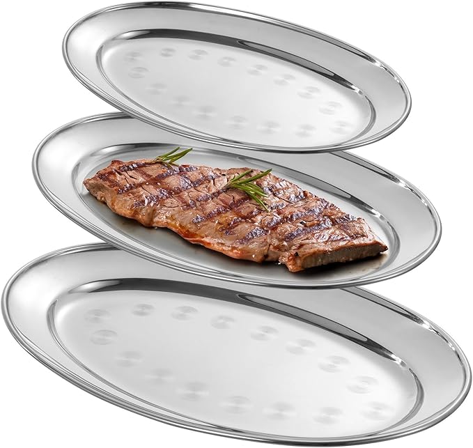 3 Oval Stainless Steel Serving Trays Set, Mirror Polished Food Tray for Dinners, Parties, Waiter'S Tray, Sizzling Platters for Restaurants