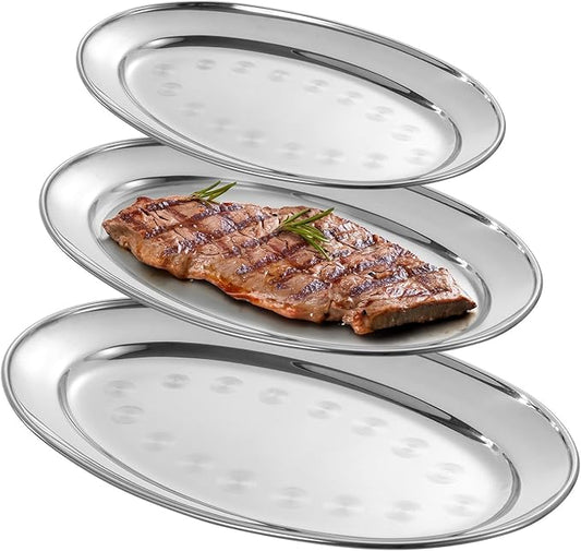 3 Oval Stainless Steel Serving Trays Set, Mirror Polished Food Tray for Dinners, Parties, Waiter'S Tray, Sizzling Platters for Restaurants