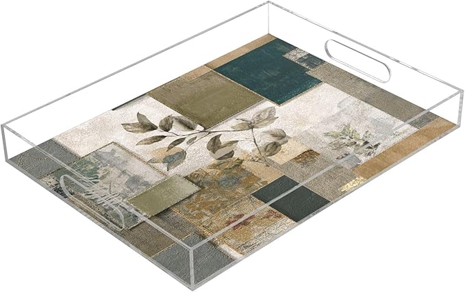 Serving Tray with Handles Clear Acrylic Tray 12x16 Inch Decorative Rectangular Tray Organizer for Ottoman Coffee Table Bathroom Dark Green Bohemian Leaves