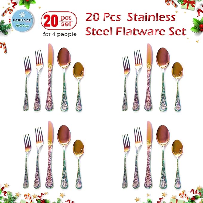 20 Pieces Stainless Steel Flatware Set for 4 People Knives Forks Spoons Set, Vintage Pattern Design, Mirror Polish and Dishwasher Safe (05-COLORFUL-SET 20)