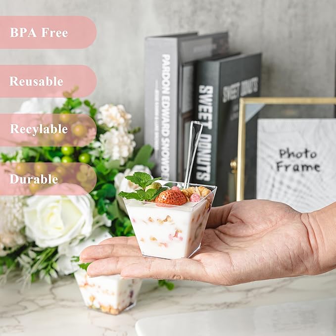 50 Pack 4oz Mini Dessert Cups with Soopns, Clear Square Dessert Bowls Small Plastic Parfait Cups Appetizer Cups for Wedding Party