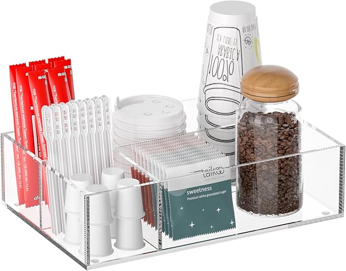 Clear Coffee Station Accessories Organizer, Countertop Acrylic Coffee Bar Tray for Coffee, Tea Bags, Condiments, Cups, Jars