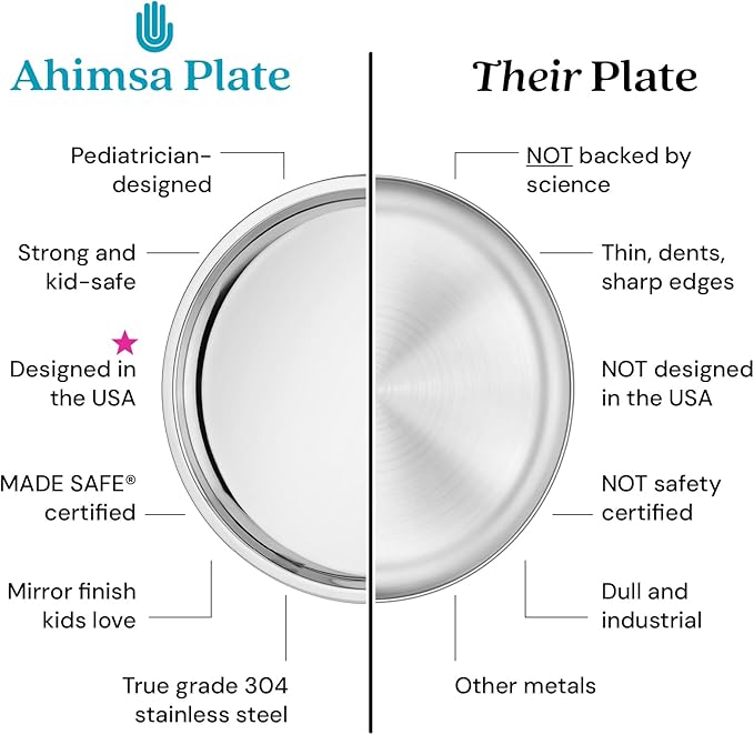 Ahimsa Stainless Steel Kids Plates, 9" Polished Non Divided Stainless Steel Plates, Pediatrician Designed & Non Toxic, Unbreakable, Dishwasher Safe, Single Classsic Silver