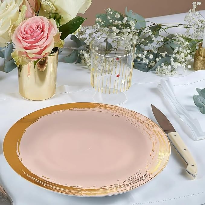 SILVER SPOONS Gold Brush Stroke Rimmed Plastic Dinner Plates for Party (10 PC) Heavy Duty Disposable Dinner Set 10.25", Fine China Look Dishes for Baby Showers, Celebrations & Events - Blush