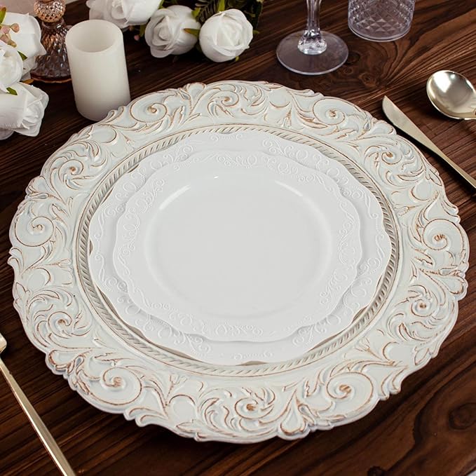 Efavormart Set of 6 Antique White/Gold 14" Round Plastic Charger Plates With Engraved Baroque Design Rim For Wedding Party Events