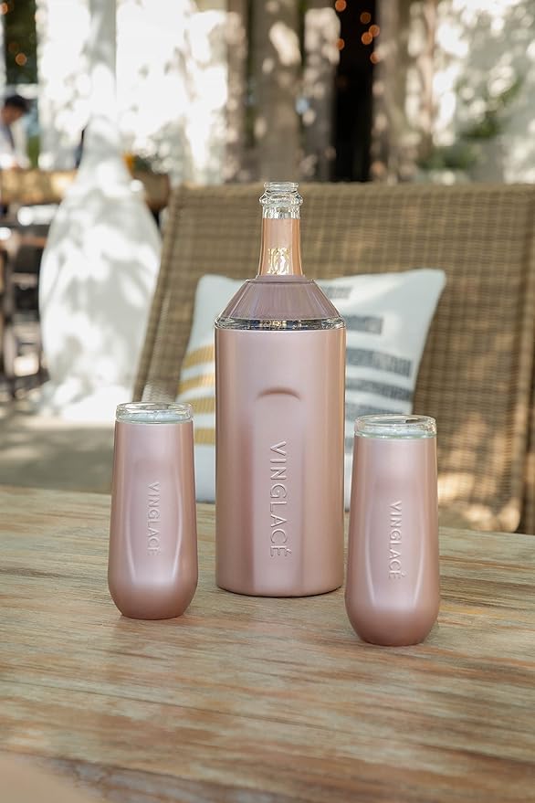 Vinglacé Champagne Bottle Chiller Gift Set- Portable Stainless Steel Sparkling Wine Cooler with 2 Stemless Champagne Flutes, Rose Gold
