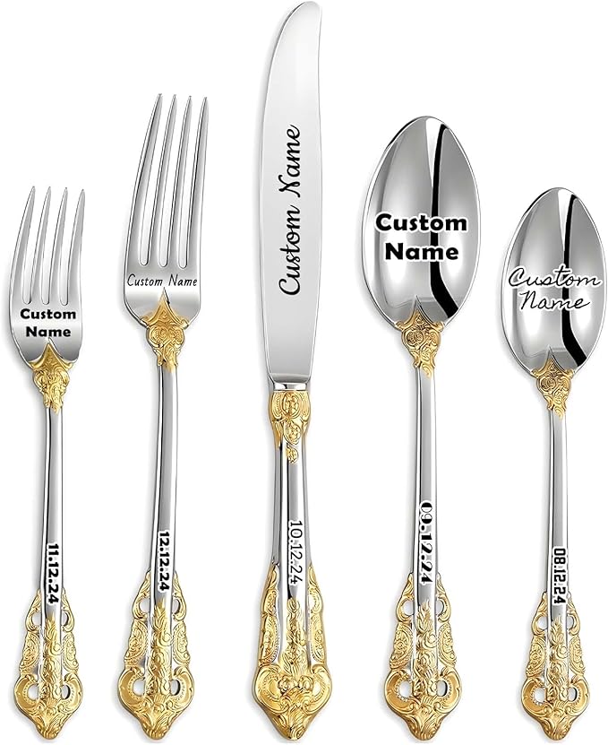 [5 Pack] Personalized Luxury Flatware Set, Customized Engraved with Name Dates Stainless Steel Tableware with Gold Accents, Custom Cutlery Kit Vintage Antique Baroque Silverware Gift for Party Favors