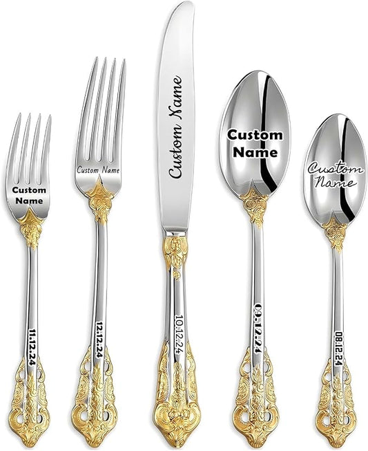 [5 Pack] Personalized Luxury Flatware Set, Customized Engraved with Name Dates Stainless Steel Tableware with Gold Accents, Custom Cutlery Kit Vintage Antique Baroque Silverware Gift for Party Favors