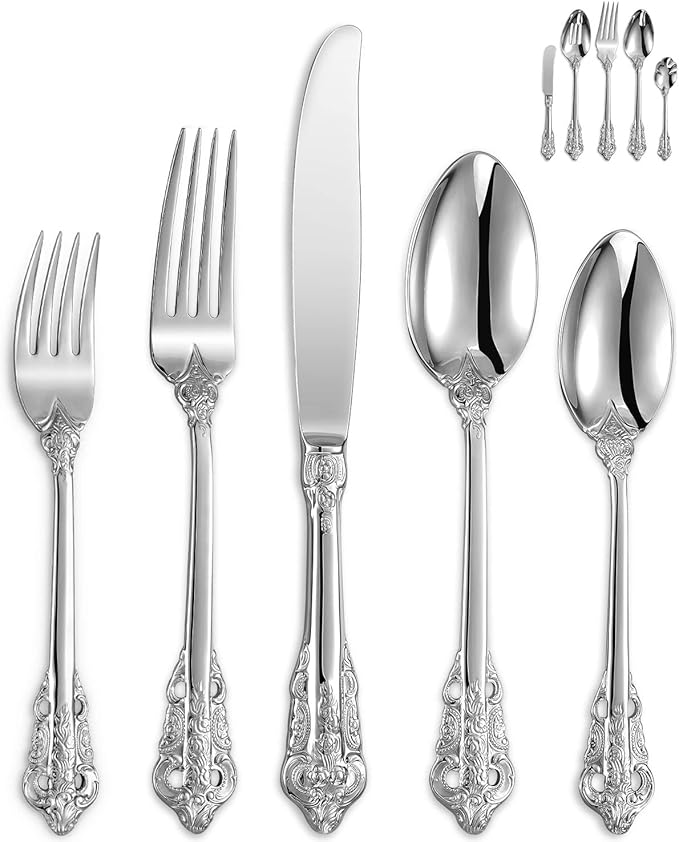KEAWELL Luxury 65-Piece Silverware Set, 18/10 Stainless Steel, Service for 12, Mirror Finish, Antique Baroque Design, Dishwasher Safe (Silver)