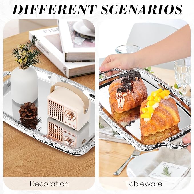 Zerodeko Silver Serving Tray: Rectangular Vintage Metal Platter - Stainless Steel Decorative Tray & Antique Whiskey Plate for Kitchen, Coffee Table & Home Decor