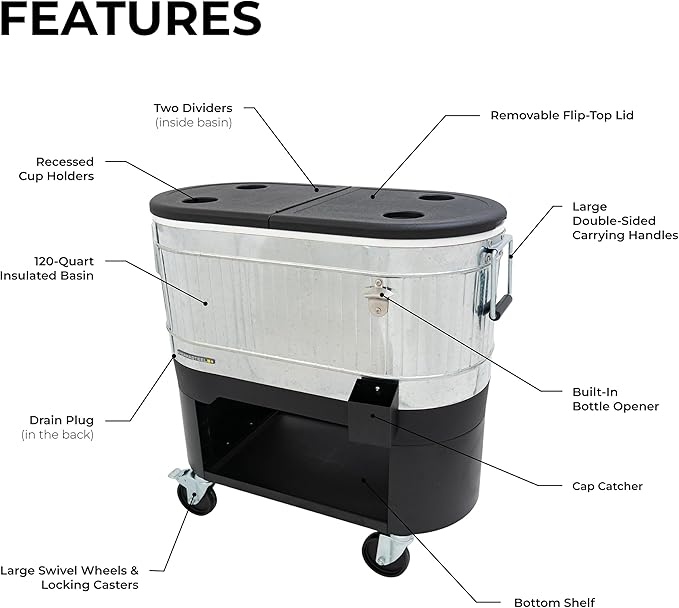 Permasteel Rolling Patio Cooler – Large Outdoor Ice Chest with Wheels, Beverage Cooler for Backyard, BBQ, Tailgate, Beach, Parties, Rustic Farmhouse Design
