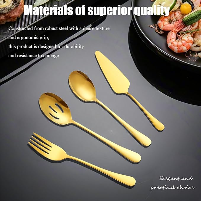6Pcs Gold Serving Utensils Set Stainless Steel Kitchen Utensils Include Cake Server,Cold Meat Fork, Slotted Serving Spoon, Serving Spoon, Butter Knife Soup Ladle