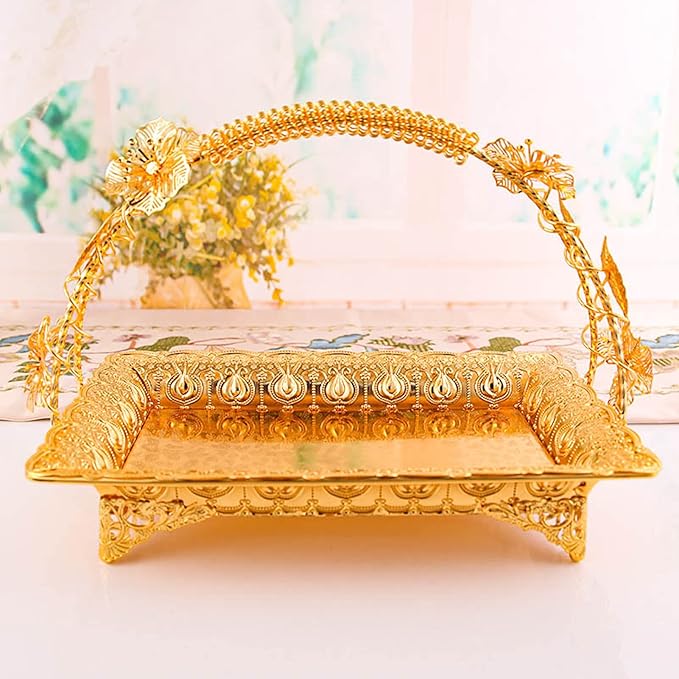 Dioche Vintage Style Coffee Serving Tray - Elegant Gold Color Zinc Alloy Metal Serving Tray for Home, Bar & Cafe - Decorative Tea, Appetizer, & Platter Use