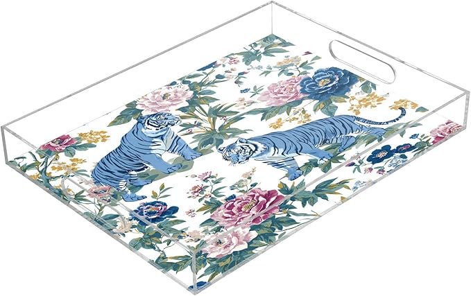 Serving Tray with Handles Clear Acrylic Tray 12x16 Inch Decorative Rectangular Tray Organizer for Ottoman Coffee Table Bathroom Floral Vintage Blue Tigers