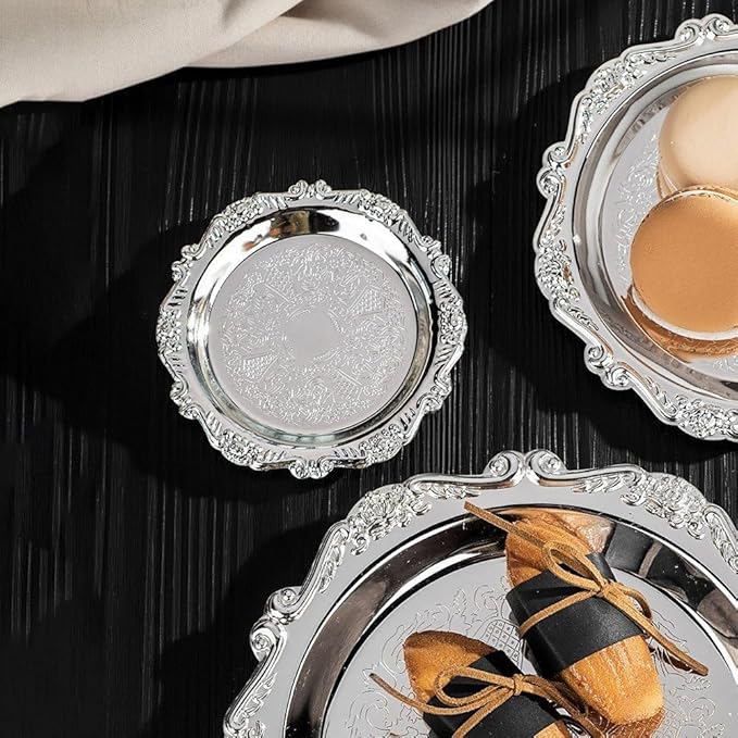 Metal Food Serving Trays Small Instrument Jewelry Tray Silver Fruit and Dessert Plates for Wedding, Hotel, Christmas Candy Display