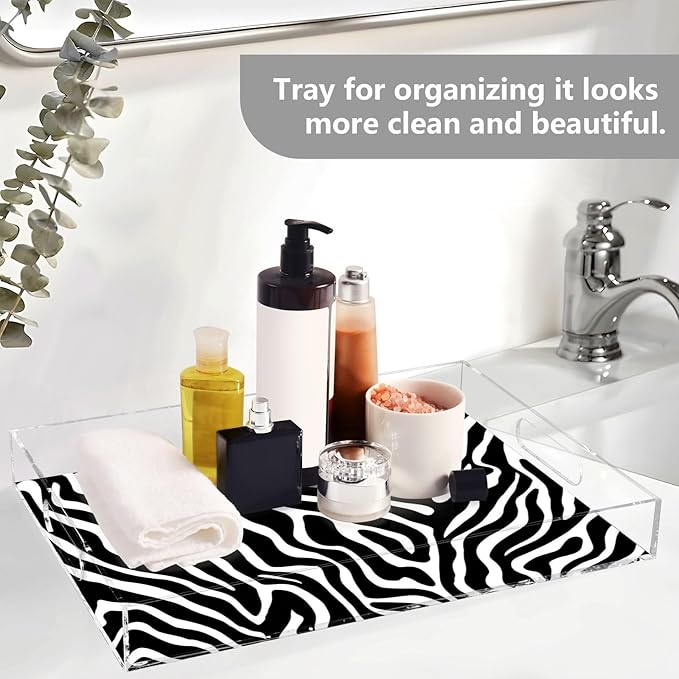 Serving Tray with Handles Clear Acrylic Tray 12x16 Inch Decorative Rectangular Tray Organizer for Ottoman Coffee Table Bathroom White Black Zebra Print