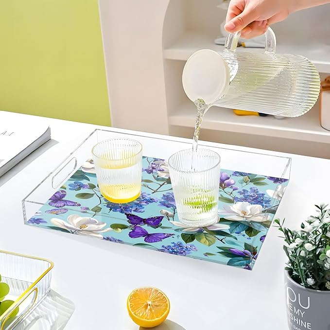 Serving Tray with Handles Clear Acrylic Tray 12x16 Inch Decorative Rectangular Tray Organizer for Ottoman Coffee Table Bathroom Elegant Hydrangeas Magnolias Butterflies
