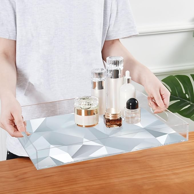 Spill Proof Acrylic Serving Tray, Countertop Organizer 16x12 Inch with Handles for Breakfast, Living Rooms, Coffee, Juice, Kitchen and Desk, (Silver Glass Design)