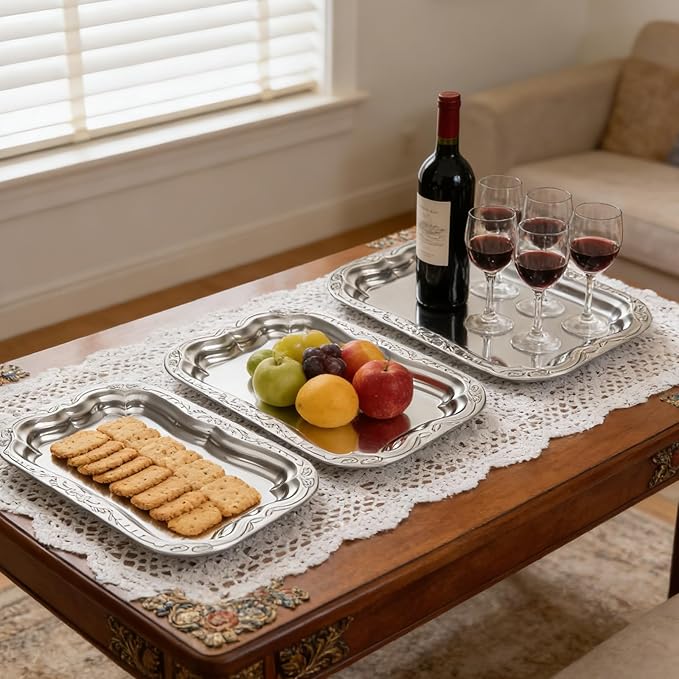 6 Pack Silver Serving Trays Set, Floral Engraved Mirror Decorative Tray Party Platters for Whiskey Cookies Food Dessert Fruit Cupcake Weddings Table Parties Display