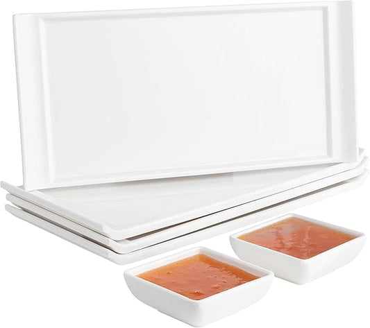 4 Plates Rectangular Dinner Plate 11" x 5.5" Super White, Elegant Dinnerware, 100% Melamine, Non Breakable, Durable