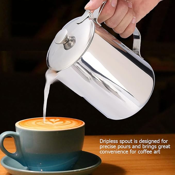 Milk Frothing Pitcher with Lid, Steaming Pitchers Stainless Steel Milk Coffee Cappuccino Latte Art Barista Steam Pitchers Milk Jug Cup(2000ml), Frothing Cup Pitcher Milk Stainless Steel Mug with