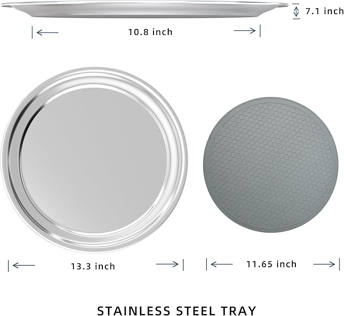 Stainless Steel Round Serving Tray 13.3 Inches Bar Silver Tray 2 Packs