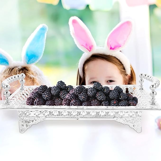 Luxshiny Silver Metal Fruit Tray with Glass Base, Nordic Style Beaded Handle Decorative Snack and Dessert Serving Plate for Home, Hotel, and Party Use