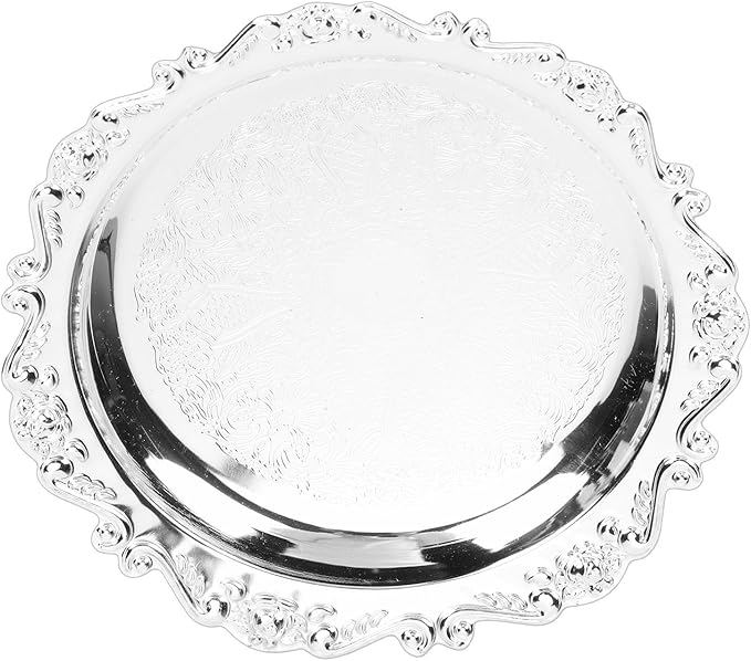 Vintage Iron Serving Tray, Silver Floral Engraved Snack Platter for Parties and Entertaining, Decorative Appetizer Tray for Home Buffet and Camping (25cm)