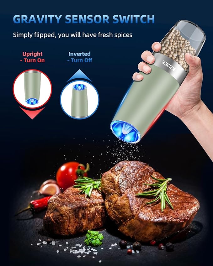 XinXu Gravity Automatic Electric Pepper and Salt Grinder, Auto Salt or Pepper Mill Shaker Stainless Steel,Blue LED Light,One Hand Operated, (Set/Light Green)