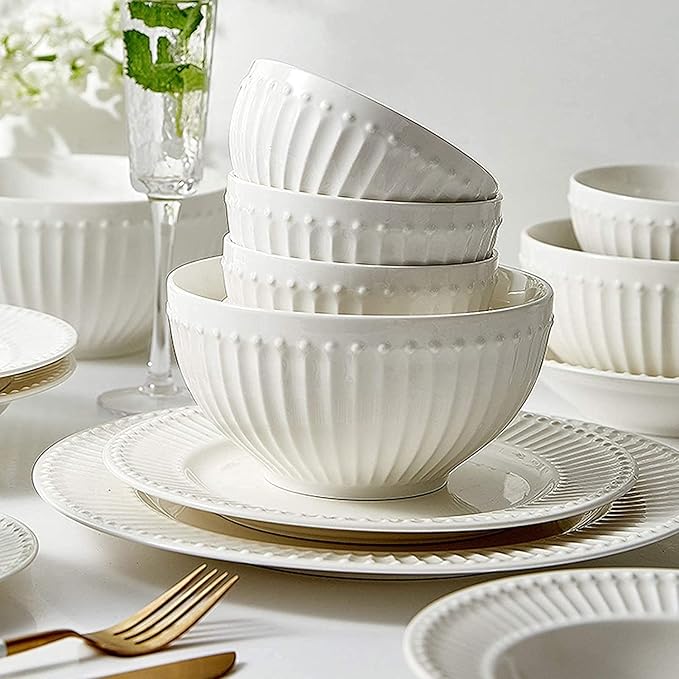 Dining Plate Set Ceramics Dinner Sets 56 Pieces Relief Stripe Cereal Bowl and Steak Plate Set | Pure White Porcelain Dinnerware Set for Family Gathering,A