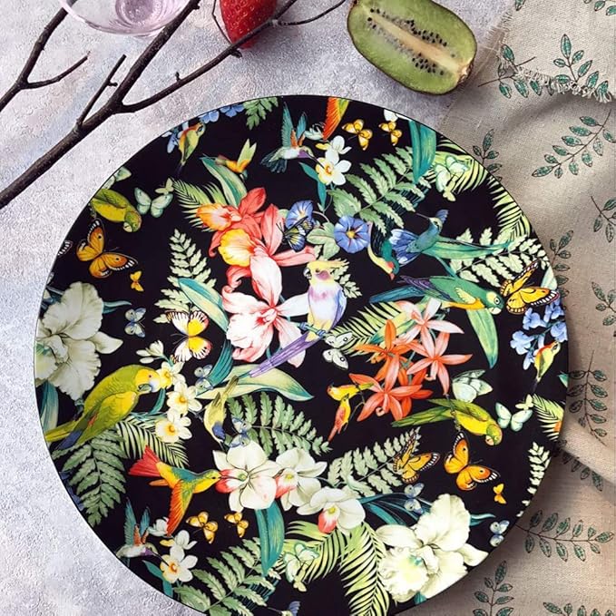 SHINING Porcelain Bone China Dinnerware Ceramic Floral Design Tableware Service Plate Mug Bowl Set (Black 8" Plate)