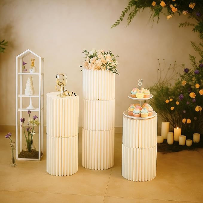 Stacking-Block Design Cake Stands for Party, Customizable Height, Sturdy Cardboard Column with Acrylic Plate, Reusable Round Cylinder Stands for Party for Birthday, 9PCS, Milky White