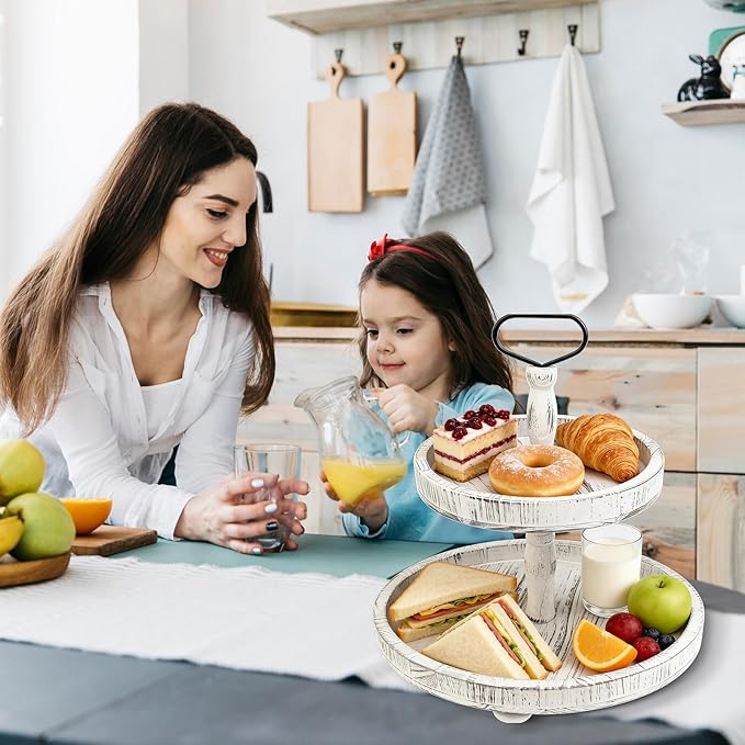2-Tiered Round Wooden Tray Stand, Rustic Farmhouse Tiered Serving Tray for Home Decor Kitchen & Coffee Bar Centerpiece, Vintage White Wood 2-Tier Display Stand for Desserts, Cupcakes and More (White)