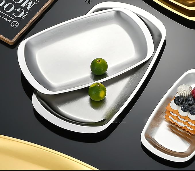 Thickened Serving Tray, 7.5 Inch x 4.1 Inch Strainless Steel Trinket Tray, for Serving Fruit, Cake, Barbecue, Cosmetics Jewelry, Grilled Meat, and Snack at Home, Party and Outdoors (Small)