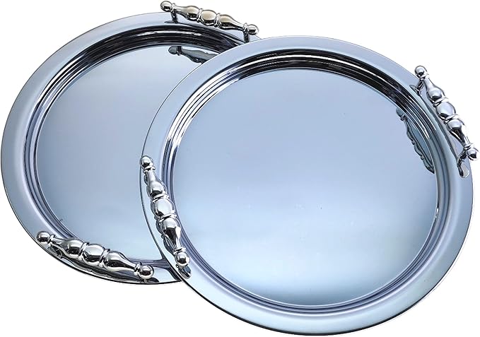 (Pack of 2) 13.8 inch x 13.8 inch Round Chrome Plated Silver Serving Tray with Handles Design Floral Victoria Design Engraved Birthday Wedding Buffet Wine Decor Platter Plate NC-022