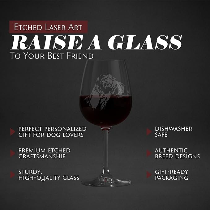 Etched Laser Art English Setter Personalized Dog Themed Etched 12.75oz Wine Glass Custom Dog Breed Wine Glasses, Ideal for Pet Lovers, Unique Birthday Gift for Men & Women, Personalized Gift