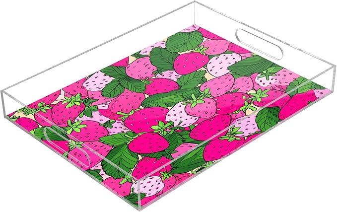 Serving Tray with Handles Clear Acrylic Tray 12x16 Inch Decorative Rectangular Tray Organizer for Ottoman Coffee Table Bathroom Pink Cute Strawberries