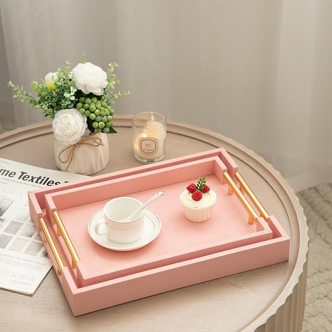 Modern Elegant Pink Faux Shagreen Leather Tray, Set of 2 Rectangle Serving Trays with Gold Polished Metal Handles, Ottoman Tray Coffee Table Perfume Kitchen Trays Home Decor