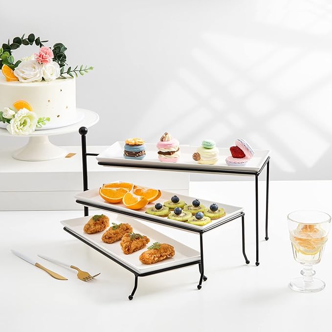 Sweese 3 Tiered Serving Stand, Foldable Rectangular Food Display Stand with White Porcelain Platters - Serving Trays, Dessert Display Server for Brithday Party, Valentine's Day and Events