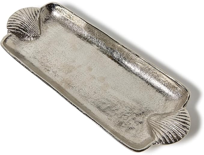 Two's Company Clam Shell Handle Serving Tray, 15-Inch, Silver