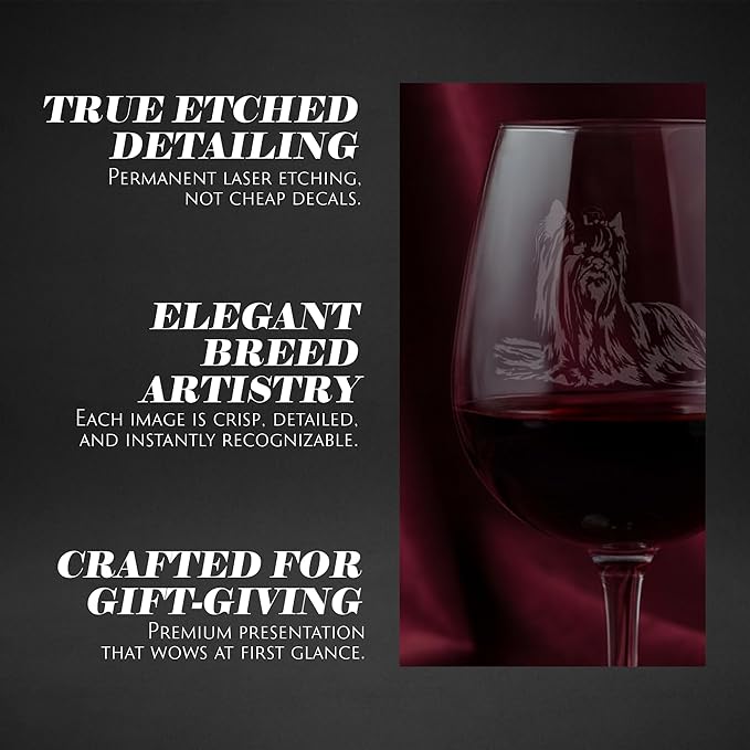 Etched Laser Art Personalized Dog Themed Etched Wine Glass - Custom Dog Breed Wine Glasses for Pet Lovers, Unique & Personalized Birthday Gift for Men & Women - Yorkshire Terrier Customized, 12.75 oz