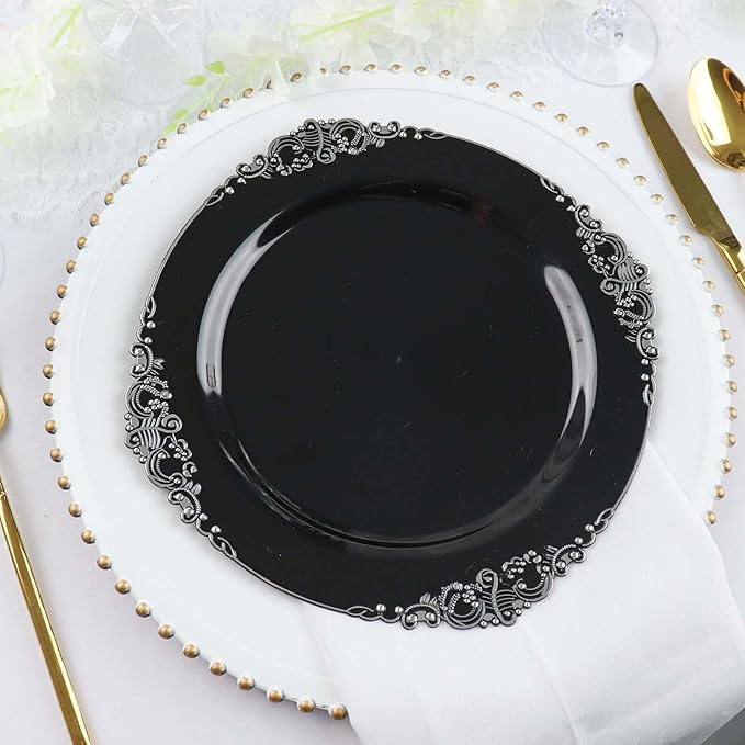 10" Dinner Plates -Set of 10 - Plastic Black Silver Round Baroque Disposable Chargers Leaf Embossed Rim, Ideal for Dinner Party Wedding Bulk Events