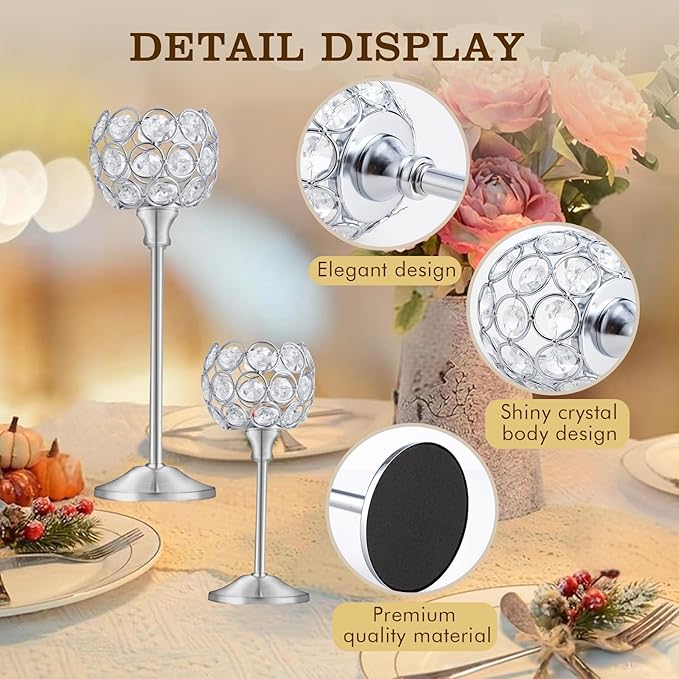 Crystal Metal Tealight Candlestick, Bling Bowl Candelabras, Tall Crystal Candle Holders Elegant Candle Centerpiece for Dining Table Wedding Home Mantel Decor(Silver, 4Sets(12 Pcs))
