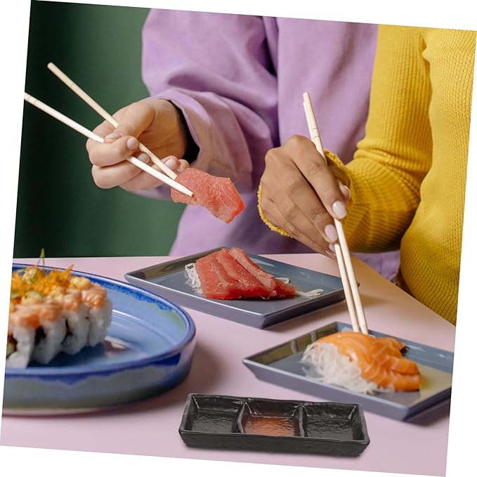 3-Compartment Ceramic Sauce Dish Japanese Style Rectangular Seasoning Plate for Sushi Appetizer and Dipping Sturdy Porcelain for Entertaining and Everyday Use