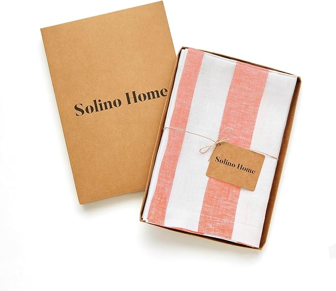 Solino Home Linen Cloth Napkins Set of 4-100% Pure Linen Salmon and White Striped Dinner Napkins 20 x 20 Inch - Cabana Stripe, Handcrafted and Machine Washable