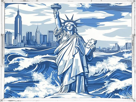 Serving Tray with Handles Clear Acrylic Tray 12x16 Inch Decorative Rectangular Tray Organizer for Ottoman Coffee Table Bathroom Statue of Liberty New York Skyline Waves Blue
