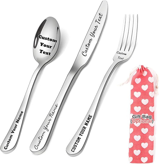 [ 3 Pack ] Custom Flatware Set, Personalized Engraving Name Text Dinner Fork/Knife/Spoon Stainless Steel Reusable Tableware, Customized Birthday Christmas Gift for New Home Party Favors Wedding
